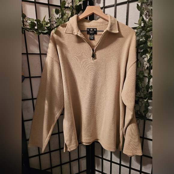 Tan Quarter Zip Up Sweater with Relaxed Fit and Soft Knit Fabric - Picture 1 of 4